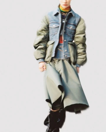 Editorial fashion shot of an adult woman wearing a patchwork denim and puffer jacket with a long olive skirt against a light background.