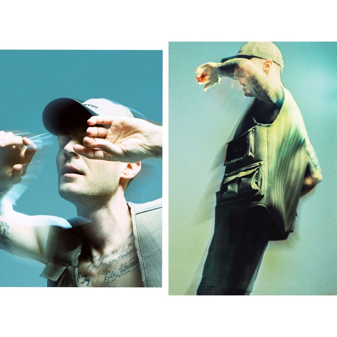 Diptyque photographic layout featuring a man with tattoos wearing a baseball cap and utility vest against a blue background