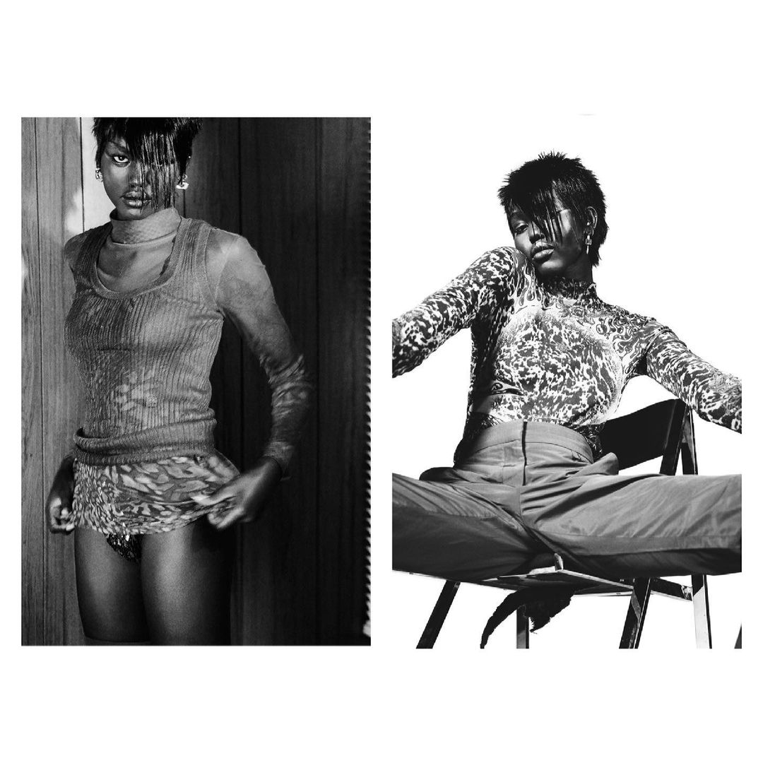 A black-and-white diptych contrasts a fashion model in an animal-print top against a wooden wall and a model seated in monochrome.