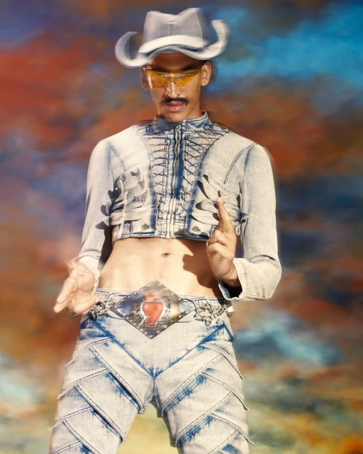 Man with mustache poses in light-blue cropped denim jacket, jeans, matching cowboy hat and orange sunglasses against a colorful background.