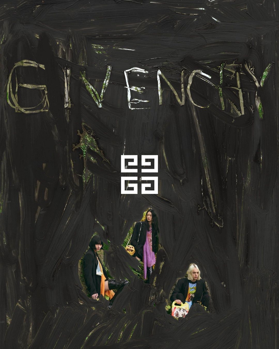 Fashion campaign featuring three figures in dark, textured setting, with 'GIVENCHY' text and logo, conveying a modern and artistic style.