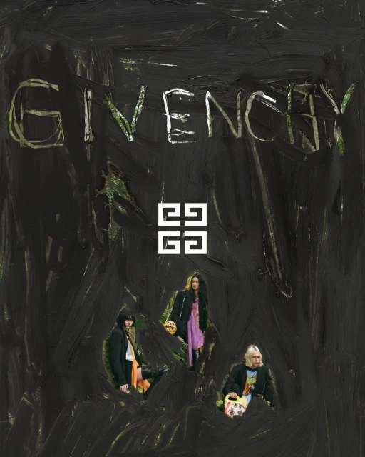 Fashion campaign featuring three figures in dark, textured setting, with 'GIVENCHY' text and logo, conveying a modern and artistic style.