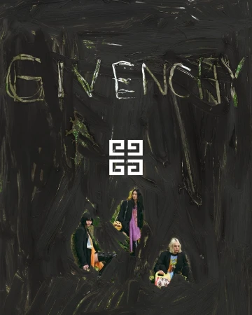 Fashion campaign featuring three figures in dark, textured setting, with 'GIVENCHY' text and logo, conveying a modern and artistic style.
