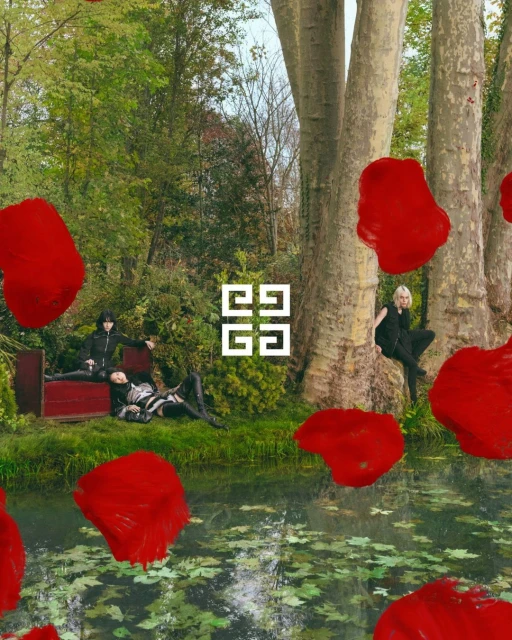 Fashion image in natural light features two models lounging on a wooden frame near water, another posed by trees, and rose petal effects.