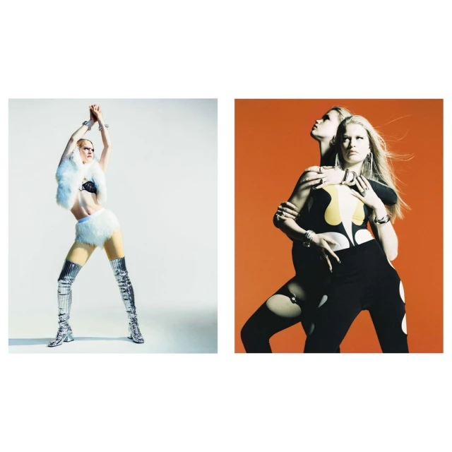 Two fashion portraits feature women in avant-garde clothing. One woman wears thigh-high silver boots and a faux fur shrug against a white backdrop.