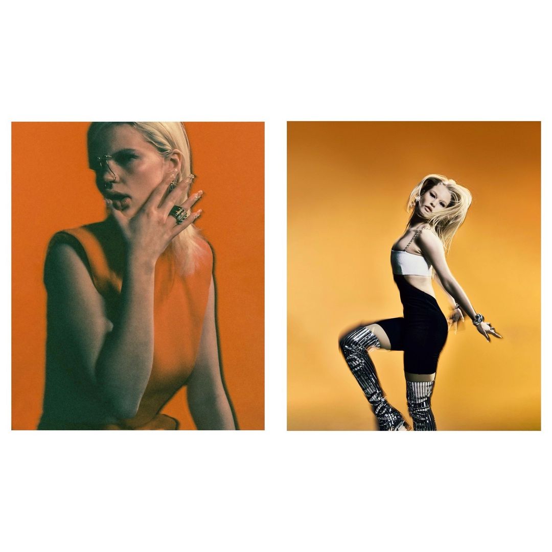 Two images: a woman in orange with jewelry, posing with a hand near her face, and a woman in black and white performing a dance move.