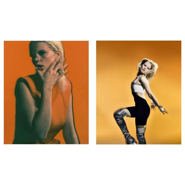 Two images: a woman in orange with jewelry, posing with a hand near her face, and a woman in black and white performing a dance move.