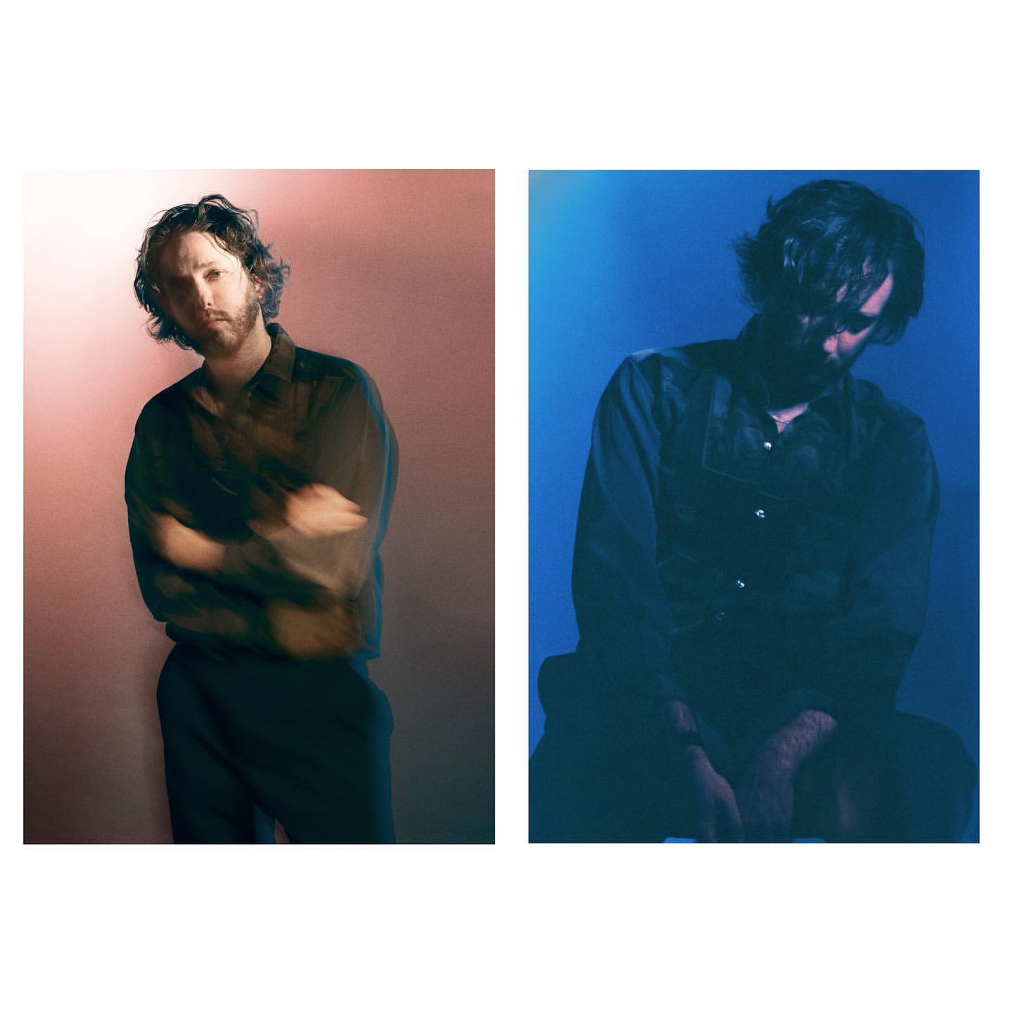 Portrait diptych of a man with dark curly hair wearing a dark shirt, lit with warm pink and cool blue tones by Heji Shin.