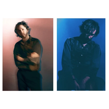 Portrait diptych of a man with dark curly hair wearing a dark shirt, lit with warm pink and cool blue tones by Heji Shin.