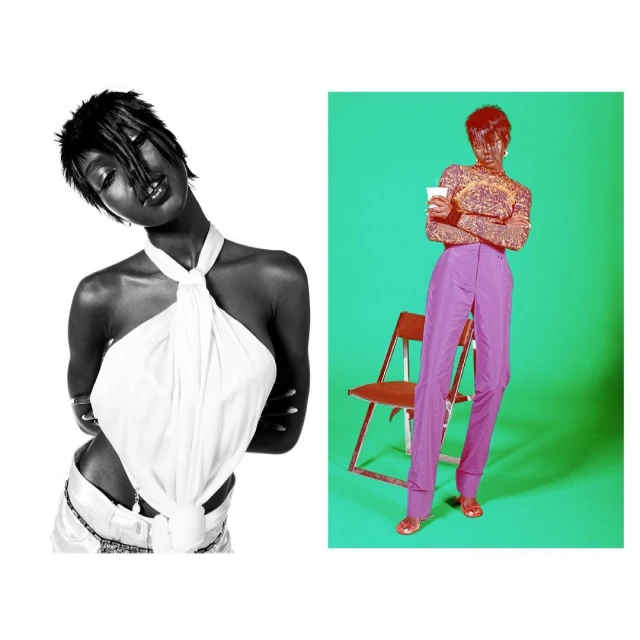 Studio shot of a dark-skinned woman in a white halter top, contrasted with another woman in an orange top and violet pants on green.