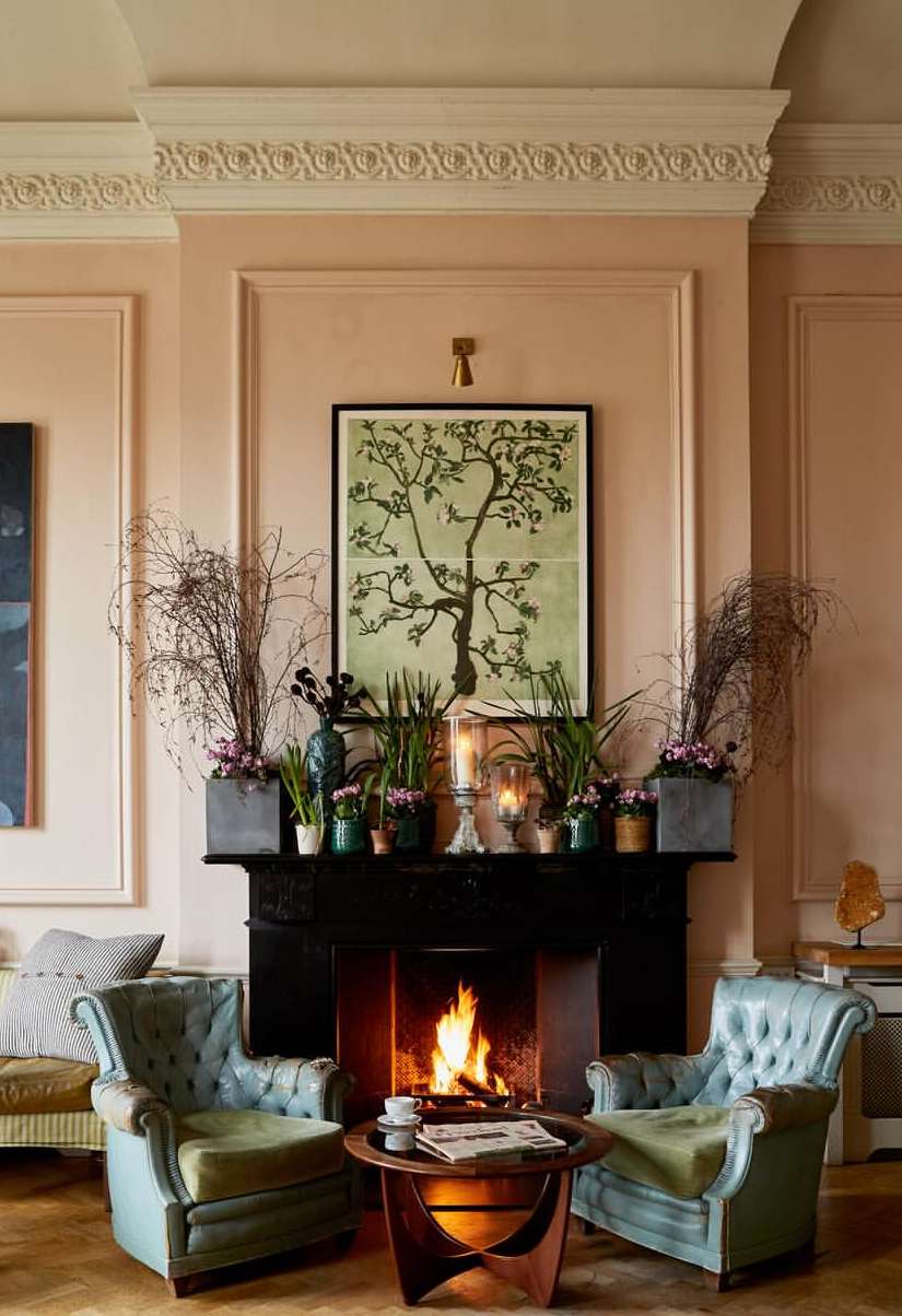 Living room interior featuring a black fireplace with a burning fire, flanked by two blue armchairs and decorated with plants and artwork.
