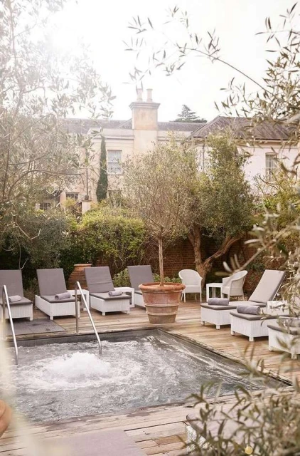 Outdoor spa features a hot tub surrounded by lounge chairs, potted tree, and lush greenery, creating a relaxing and luxurious resort setting.