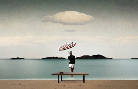 Artistic seascape featuring a woman with an umbrella on a beach, a cloud overhead, and an island in the distance on a cloudy day.