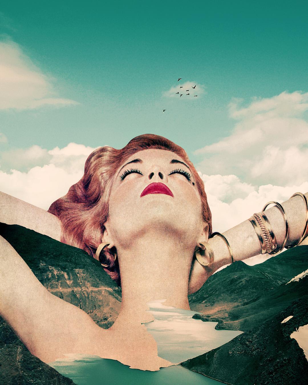 Surreal collage art featuring a woman gazing skyward, layered with mountain and lake scenery, set against a tranquil sky and clouds.