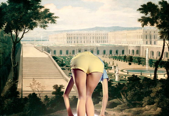 Adult female bends over in yellow shorts in front of a digitally-manipulated painting of a Versailles-like garden and palace.