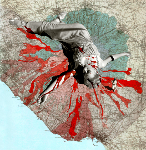 Digitally manipulated image showing a woman's body superimposed on a map background with red paint, creating a striking visual effect.