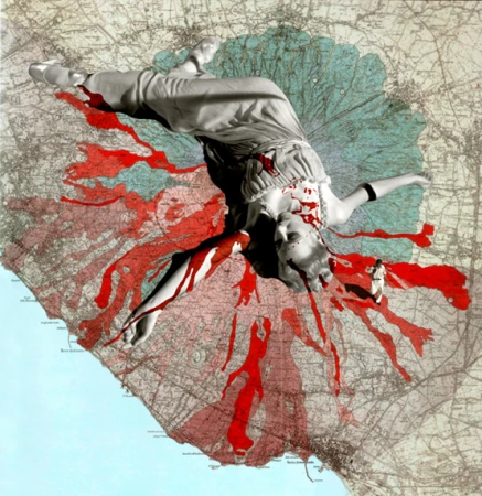 Digitally manipulated image showing a woman's body superimposed on a map background with red paint, creating a striking visual effect.