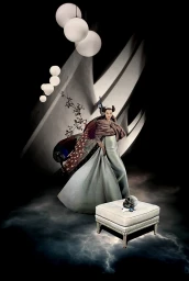 Surreal digital illustration by Helene Builly featuring a woman in a long gown with a peacock and a skull on an ottoman.