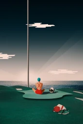 A woman in a red swimsuit sits cross-legged on a green turf beside a beach ball facing a calm ocean at sunset.