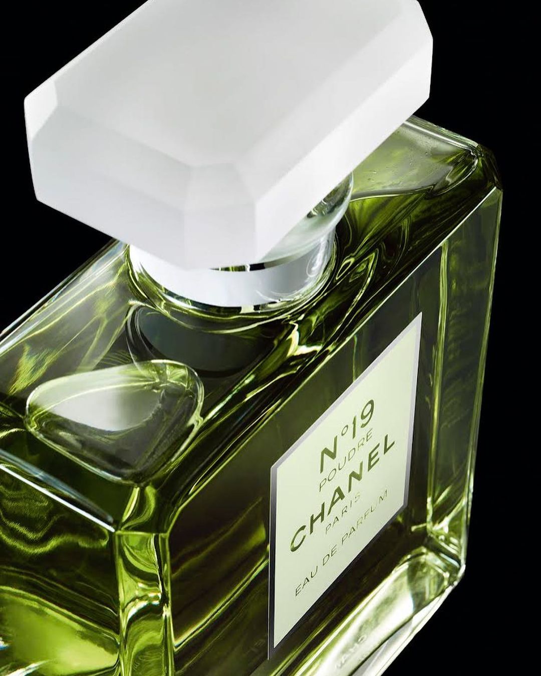 Close-up studio shot of Chanel N°19 Poudre Eau de Parfum in a clear faceted glass bottle with frosted white cap against a black background.