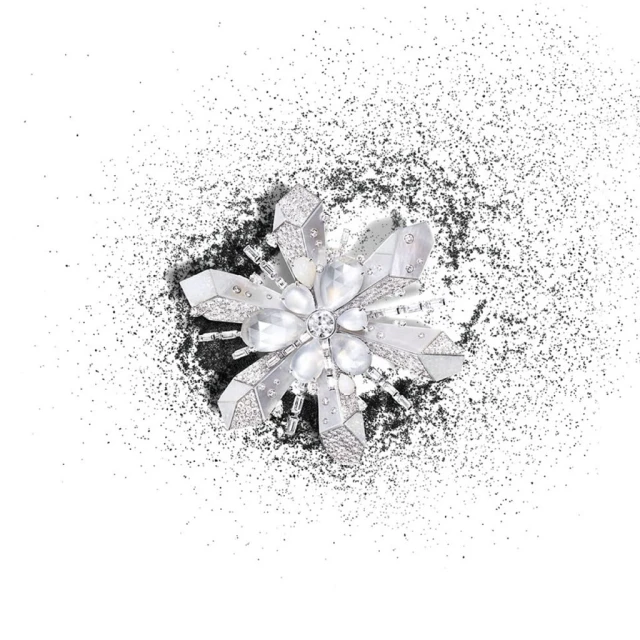 Close-up of a snowflake-shaped brooch made of silver and gems surrounded by black glitter on a white surface, creating a luxurious effect.
