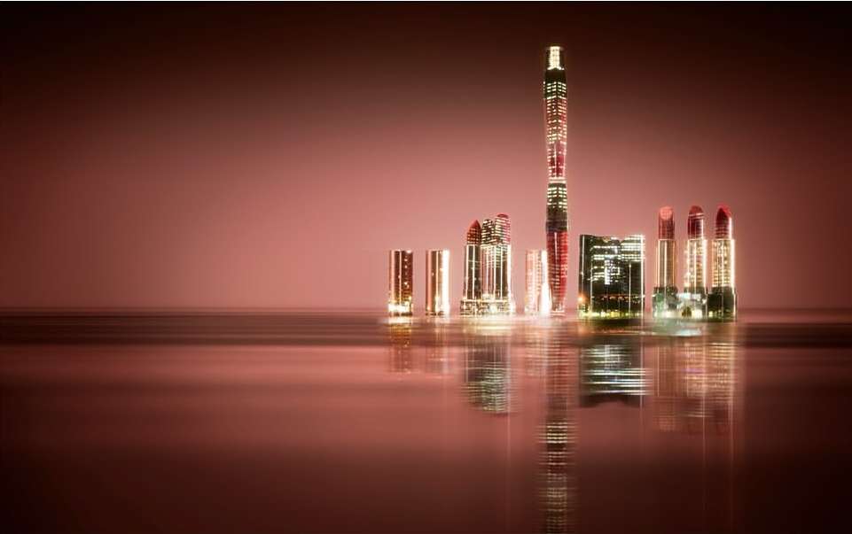 Abstract image with city skyline made of lipstick tubes in front of a smooth reflective surface against a soft brown-pink background.