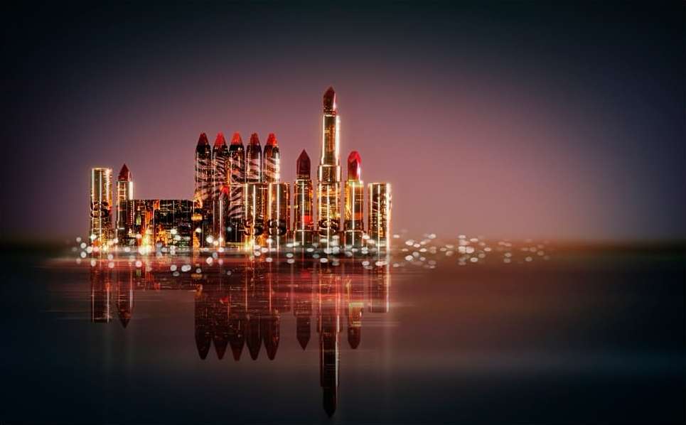 Stylized beauty product image: Red lipsticks arranged as city skyline on glossy surface with blurred lights against gradient background.