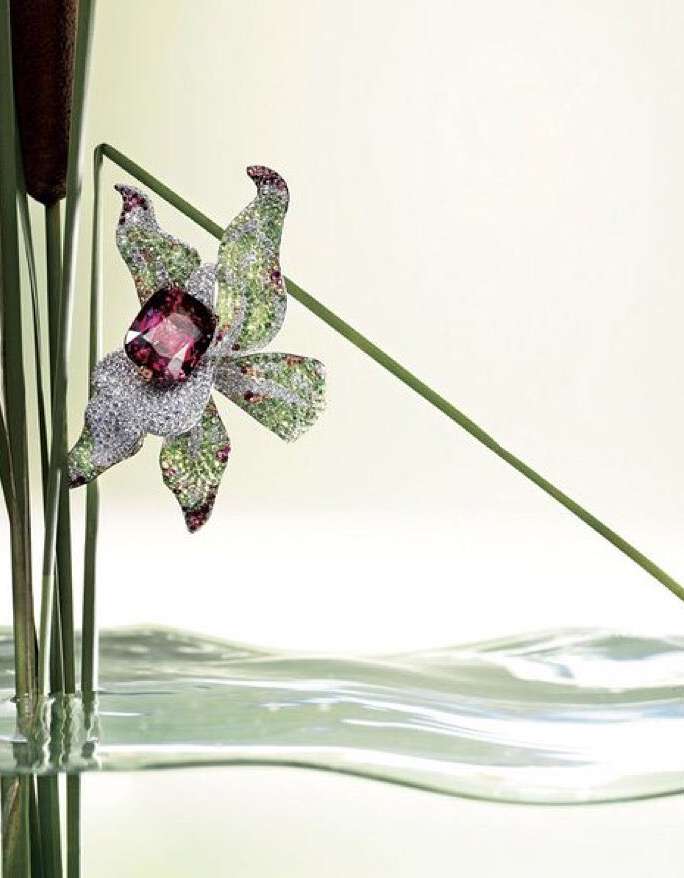 Close-up studio shot of a floral brooch featuring white and green gem-encrusted petals with a central pink cushion-cut gemstone in water.