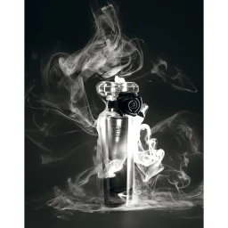 Perfume bottle surrounded by billowing white smoke against a dark background in Paris by Helmut Stelzenberger