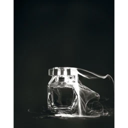 Crystal perfume bottle set against a dark background with flowing wisps of white smoke wrapping around it.