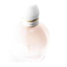 Close-up product photograph of a rounded perfume bottle with a white textured spherical cap against a bright background