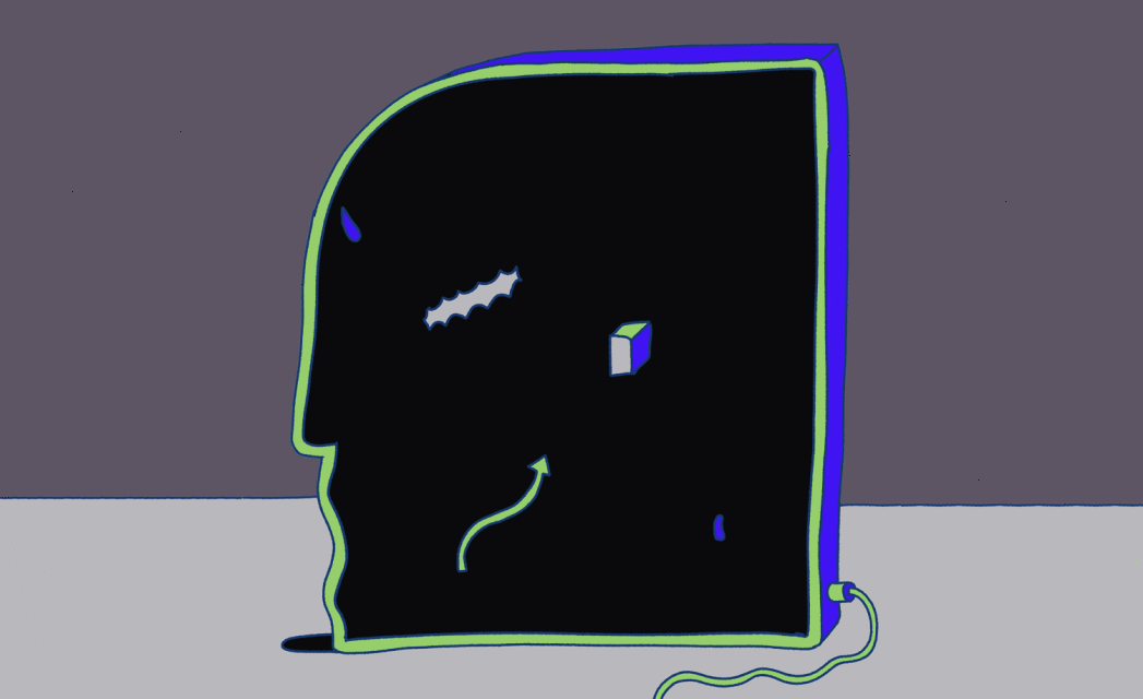 Abstract head-shaped computer with a screen, depicted in shades of black, gray, and purple with a thick outline and minimal details.