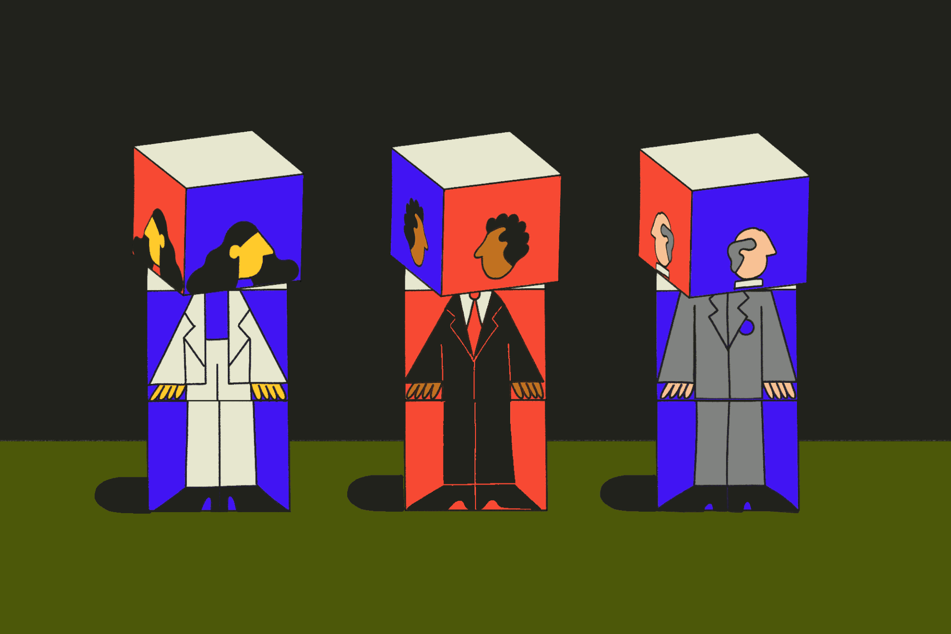 Illustration of three stylized figures with cube heads wearing business attire in a studio setting against a dark background.
