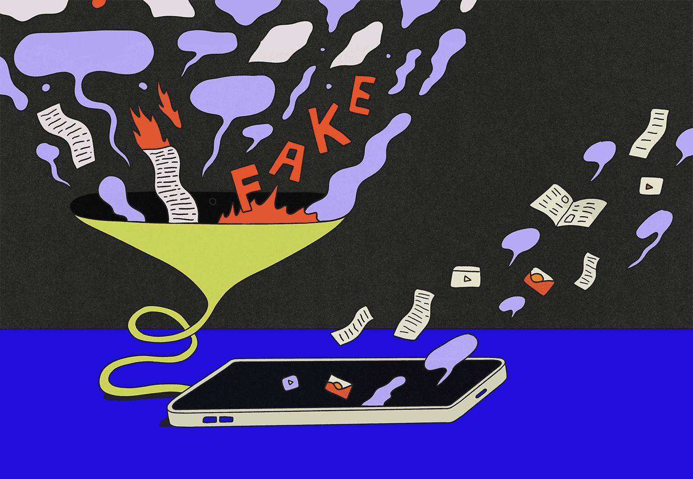 Abstract illustration depicting a digital funnel converting burning documents and messages into content displayed on a mobile phone.