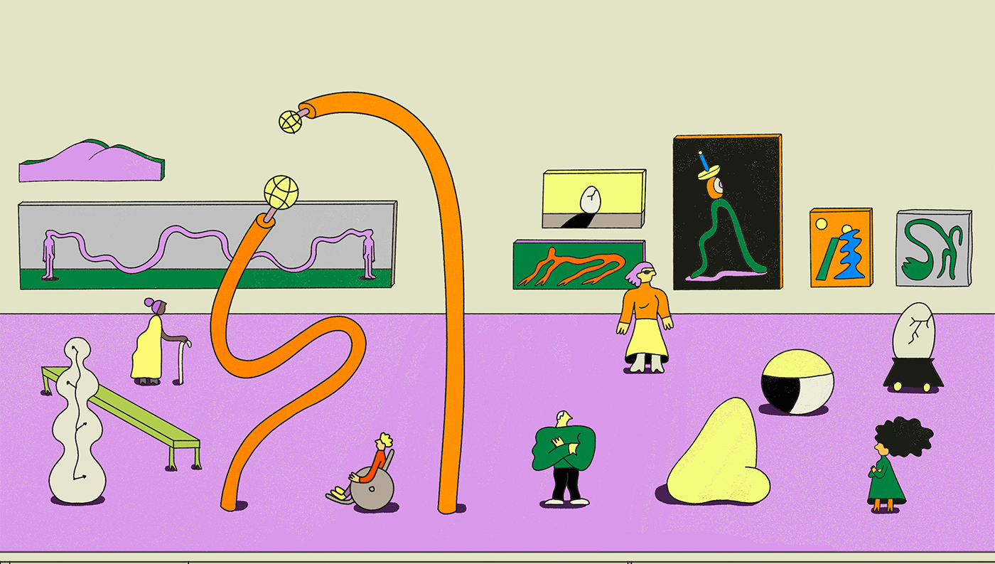 Illustrated art gallery scene featuring abstract paintings, sculptures, and stylized visitors of various ages and styles.