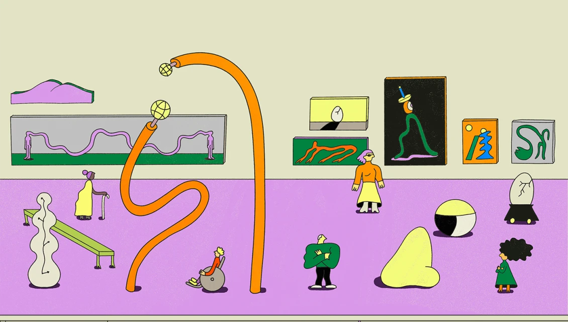 Illustrated art gallery scene featuring abstract paintings, sculptures, and stylized visitors of various ages and styles.