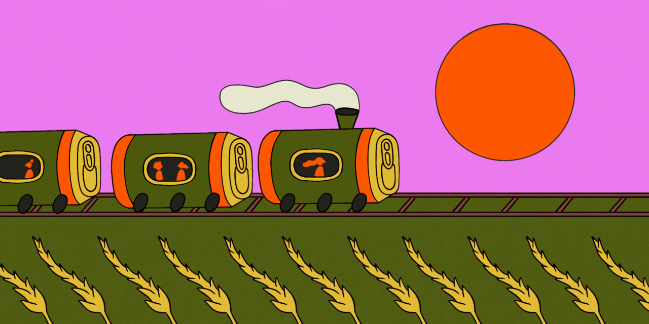 Whimsical cartoon of a train constructed from soda cans moving through a field beneath a sun, presented with a flat, graphic style.