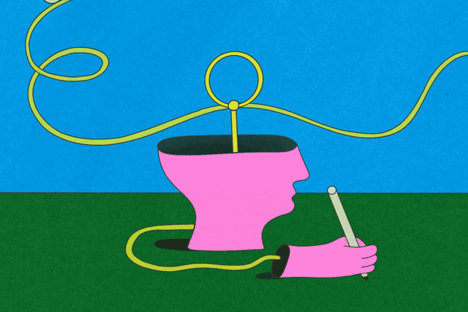 Illustration of a pink head with an open top, a hand holding a pencil, and a connected yellow cord on a green and blue background.