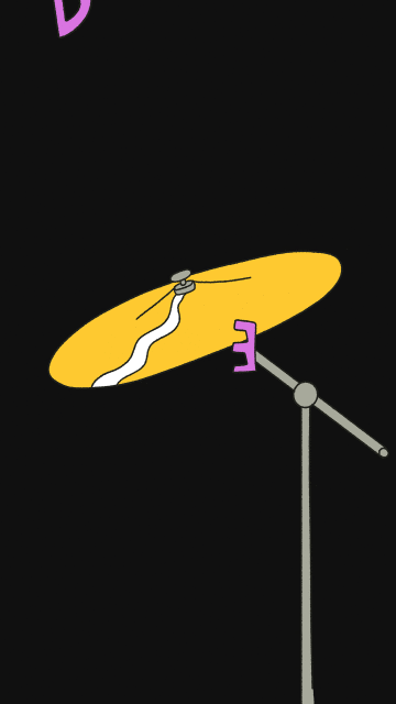 Cartoon image of a cymbal on a stand against a black background, showcasing a simple, illustrative style and minimalist composition.