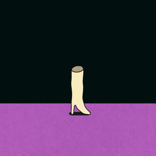 Illustration of a single cream-colored high-heeled boot centered on a purple surface against a dark background in a minimalist style.