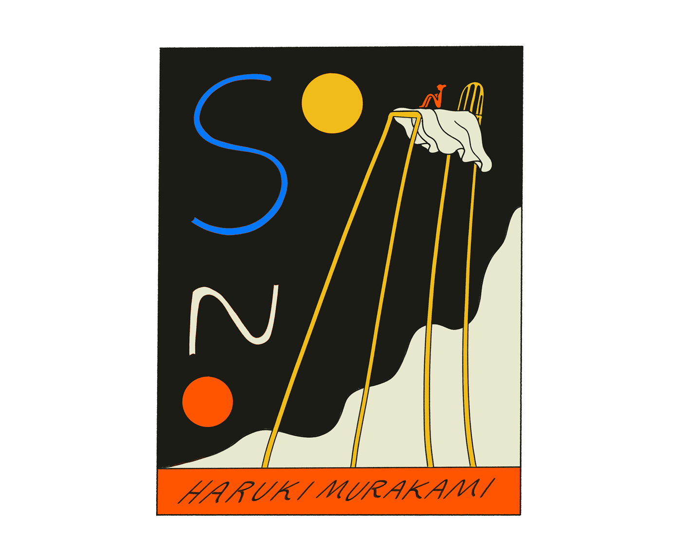 Stylized illustration featuring a table with long legs, a figure sitting on it, and text 'Haruki Murakami' at the bottom on a black background.