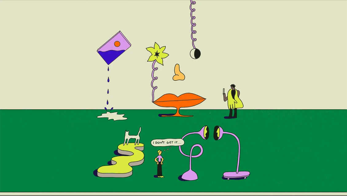 Whimsical cartoon art with surreal face parts, miniature people, and vibrant colors on green grass, with a dreamy quality.