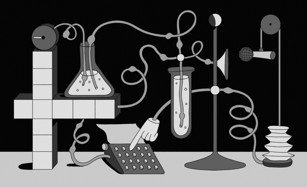Whimsical illustration of a laboratory setup with beakers, tubes, keyboard, and hand, all in a grayscale color palette.