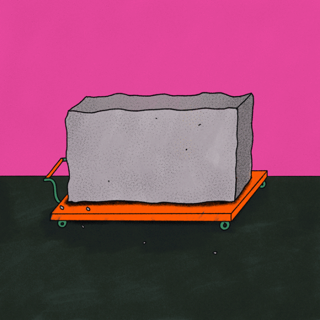Illustration of a large grey block on an orange hand truck against a pink and black background, showcasing a blend of colors and industrial elements.