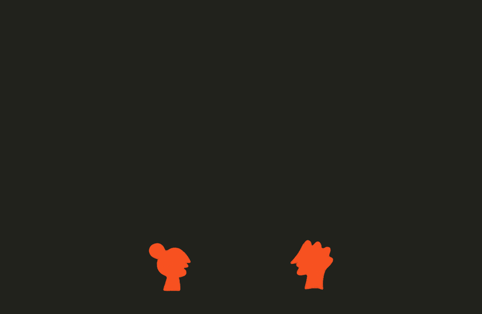 Digital art illustration of the orange silhouettes of two human head profiles on a black background in a minimal composition.