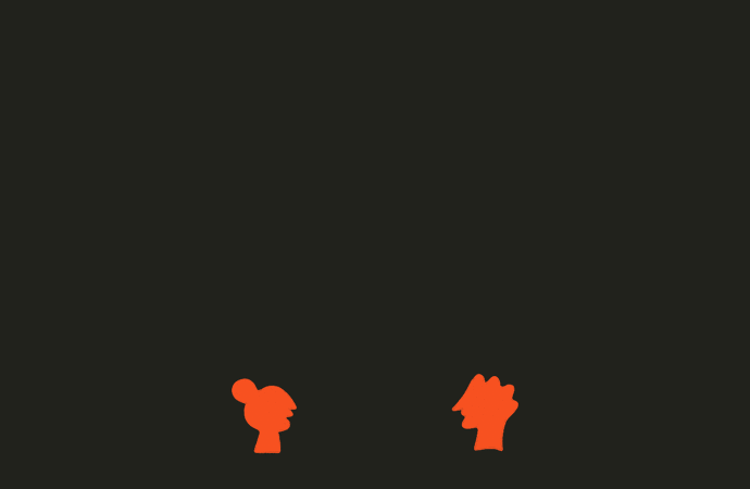 Digital art illustration of the orange silhouettes of two human head profiles on a black background in a minimal composition.