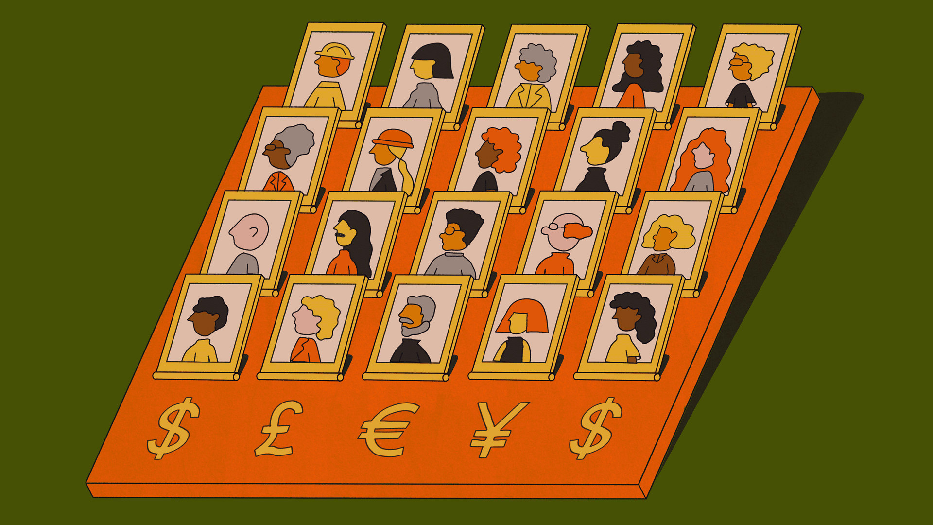 Illustration of diverse individuals in framed portraits displayed above currency symbols, on a green background in a flat, graphic style.