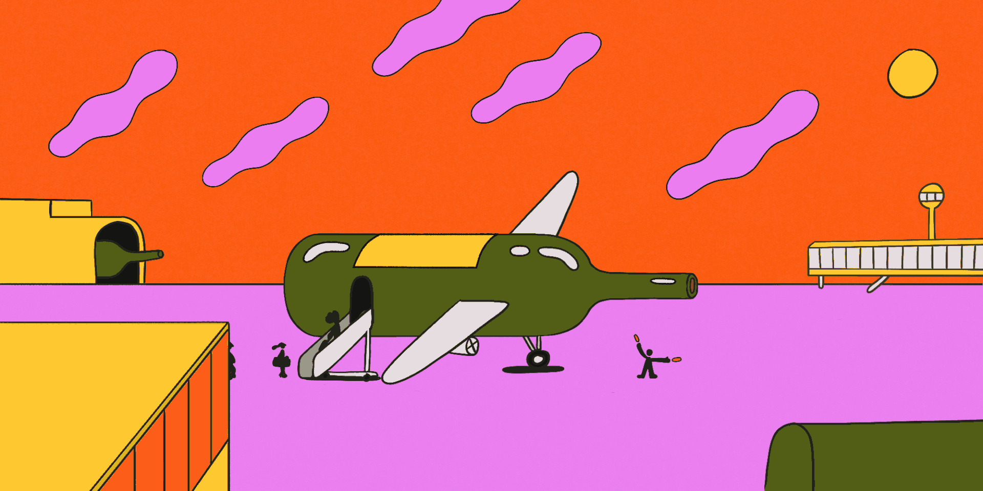 Whimsical digital illustration with a wine-bottle-shaped airplane on a lavender runway, set against an orange sky with pastel clouds.