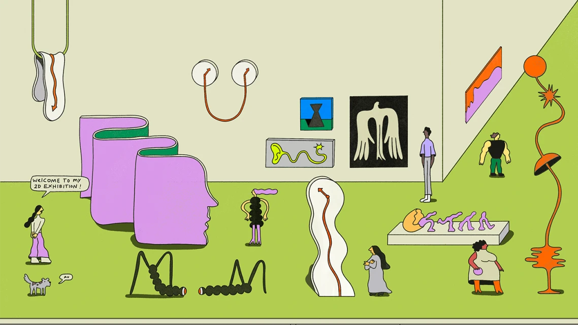 Whimsical illustration of an art exhibition with stylized figures viewing colorful and abstract artworks displayed on pastel-toned walls.