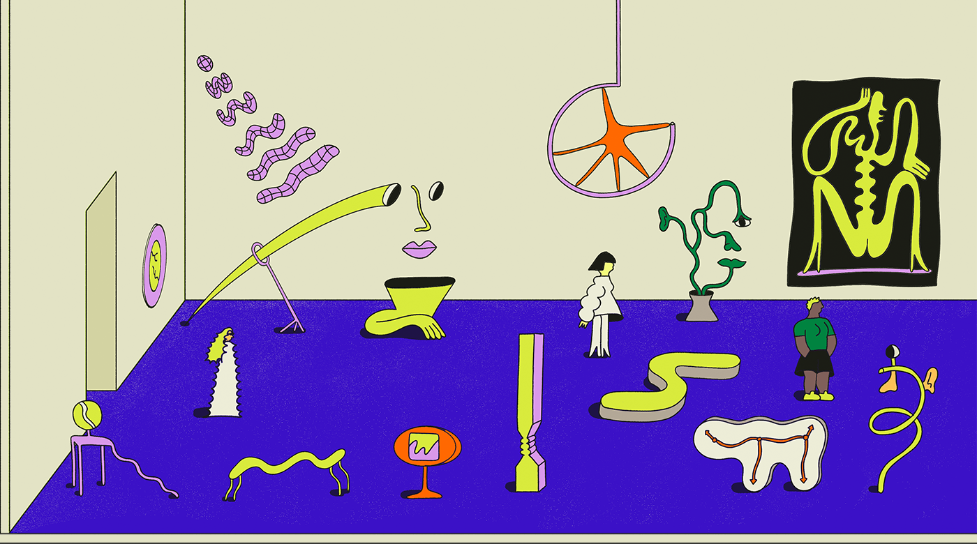 Abstract digital art scene featuring a minimalist gallery setting with stylized human figures and surreal object arrangements on a blue floor.